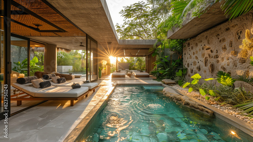 Luxurious modern patio with tranquil pool, lush greenery, and stone wall, basking in golden sunset light