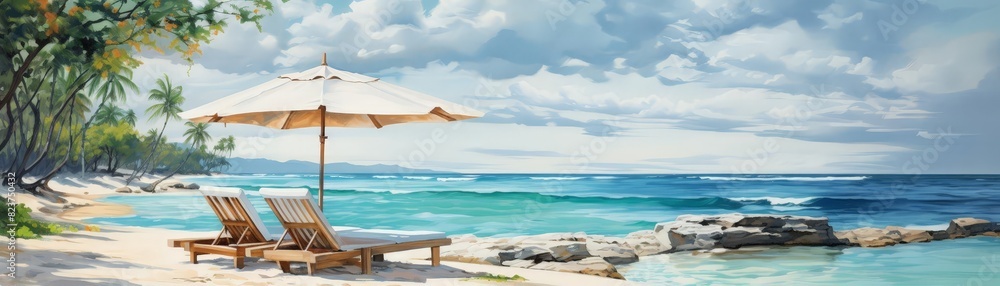 Beach umbrella and lounge chair in watercolor, highlighting leisure selective focus, concept of relaxation, ethereal, composite, tropical island backdrop
