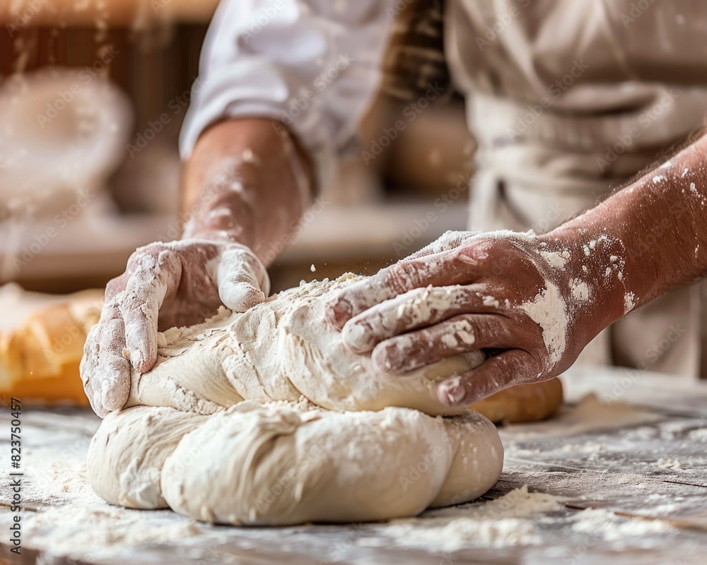 Bakery Flour. Man Clapping Dough for Bread Preparation in Bakery Kitchen