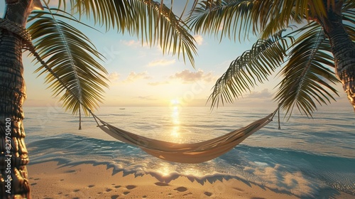 Relaxing hammock between palm trees on a tropical beach with a beautiful sunset.