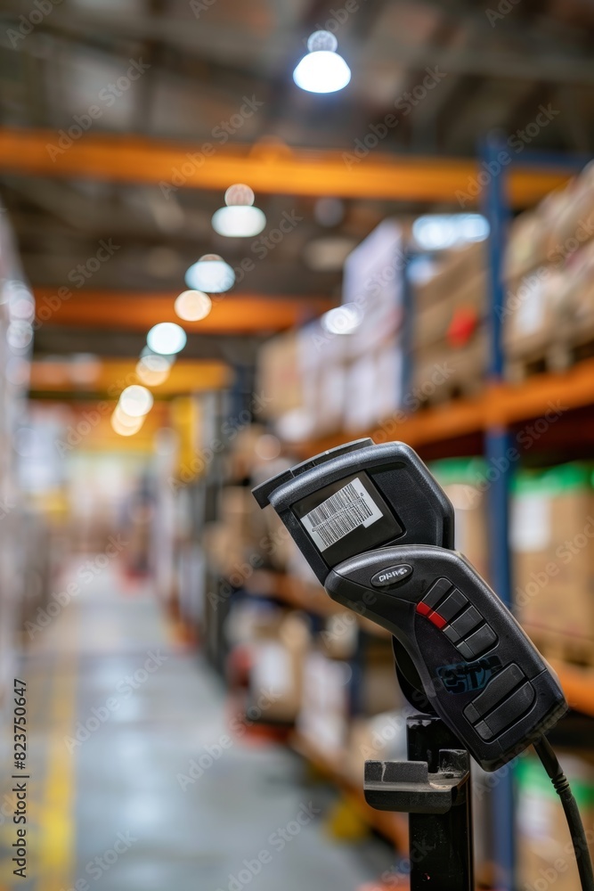 High-Tech Barcode Scanner in Blurred Warehouse Background - Logistics and Shipping Tools for Mobile Content High-Tech Barcode Scanner in Blurred Warehouse Background - Logistics and Shipping Tools for Mobile Content