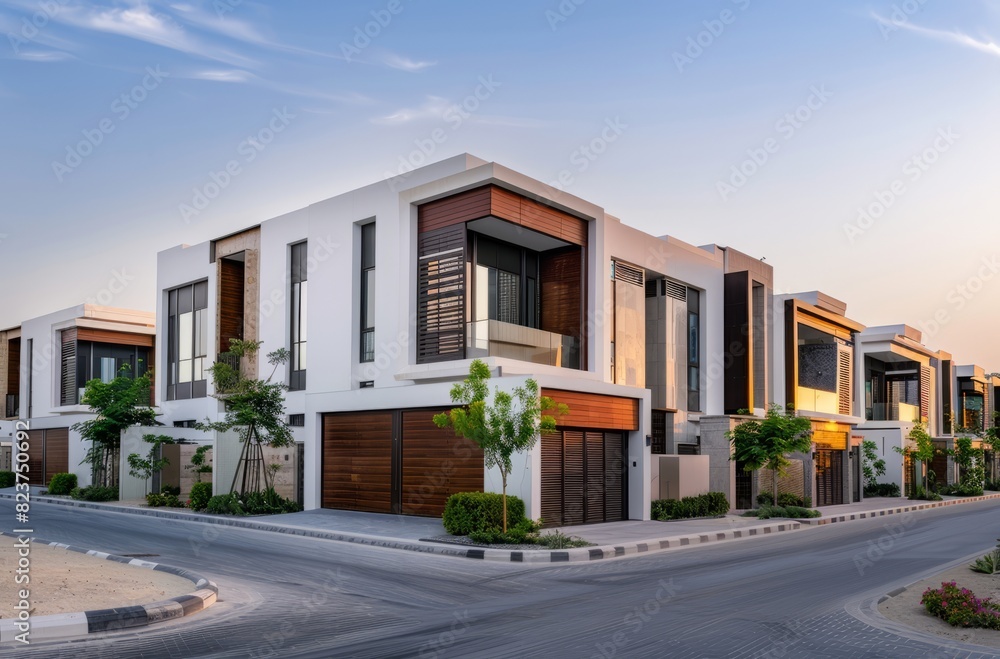 A row of modern townhouses with white walls and wooden accents, set against the backdrop of an urban landscape