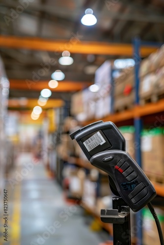 High-Tech Barcode Scanner in Blurred Warehouse Background - Logistics and Shipping Tools for Mobile Content