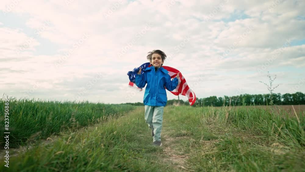 Little boy American patriot kid running with national flag on countryside road. Little boy American patriot kid running with national flag on countryside road.