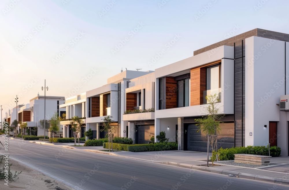 A row of modern townhouses with white walls and wooden accents, set against the backdrop of an urban landscape A row of modern townhouses with white walls and wooden accents, set against the backdrop of an urban landscape