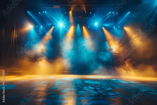 a stage with bright lights and smoke