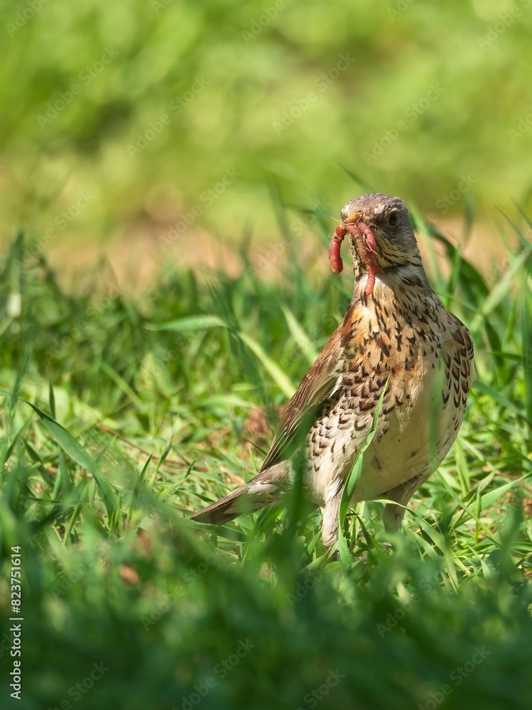 Fieldfare thrush hunting for earthworms in dense grass Fieldfare thrush hunting for earthworms in dense grass