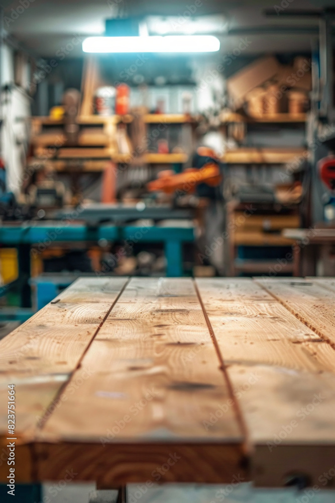 A wooden workbench in the foreground with a blurred background of an industrial workshop. The background includes various tools and equipment, metalworking machines, safety gear, and shelves. A wooden workbench in the foreground with a blurred background of an industrial workshop. The background includes various tools and equipment, metalworking machines, safety gear, and shelves.