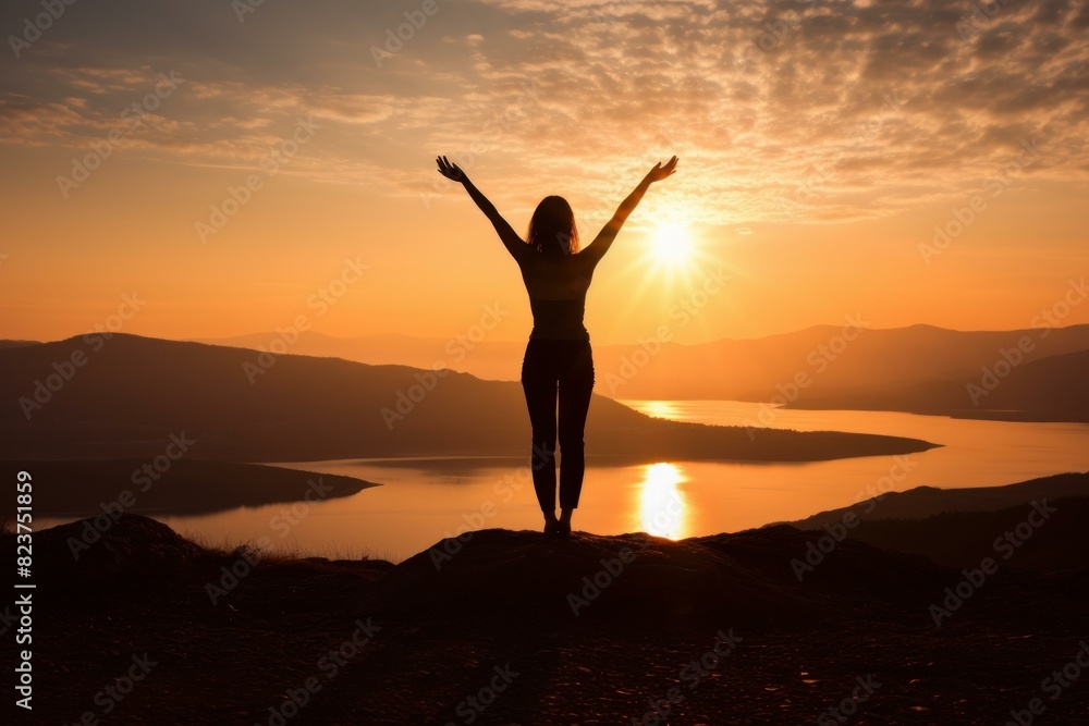 Silhouette of a woman with arms raised against a vibrant sunrise over a mountainous landscape and lake