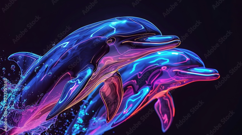 Obraz premium neon, dolphin, wildlife, illustration, light, design, background, aquatic, glow, mammal, poster, signs, fish, art, wild, animal, black, nature, symbol, vacation, water, sea, summer, artistic, artwork,