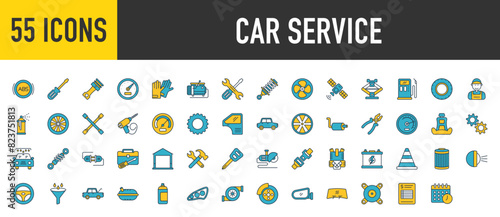 Car service icon set. such as Mechanism, Work Tool, Air Filter, Electric Meter, Garage, Broken Car, Aerosol, Windscreen, Car Wash, Engine, Exhaust, Piston, Fuel and Tire vector.