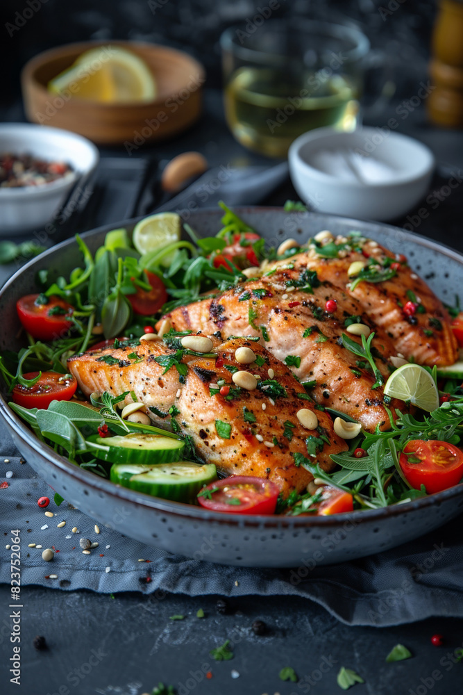 A balanced meal featuring grilled salmon fillet served with nutritious vegetables and a flavorful sauce. A balanced meal featuring grilled salmon fillet served with nutritious vegetables and a flavorful sauce.