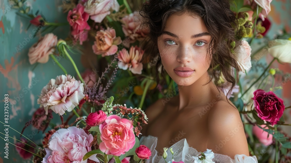 A stunning model elegantly holding a bouquet of flowers, surrounded by an opulent floral arrangement, captured for a glamorous magazine cover. A stunning model elegantly holding a bouquet of flowers, surrounded by an opulent floral arrangement, captured for a glamorous magazine cover.