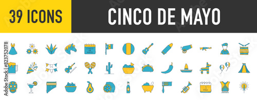 Cinco de mayo icon set. such as Traditional Dress, Horse, Mexico, France, Cannon, Rifle, Soldier, Beer, Confetti, Garland and Flowers vector.