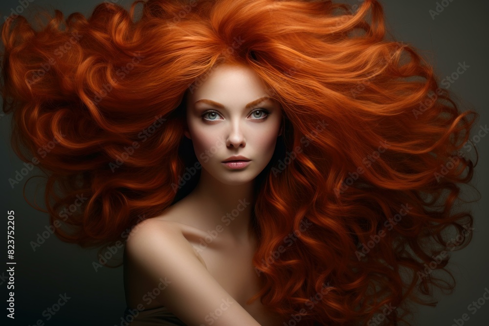 Fototapeta premium Stunning woman with vibrant red hair flowing dynamically in studio shot