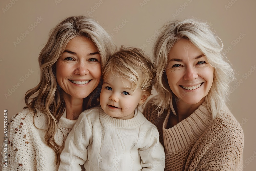 A nontraditional family photo with a child, happy family looking in the camera and smiling A nontraditional family photo with a child, happy family looking in the camera and smiling