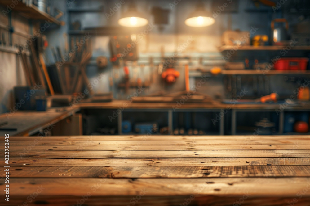 A wooden workbench in the foreground with a blurred background of an industrial workshop. The background includes various tools and equipment, metalworking machines, safety gear, and shelves. A wooden workbench in the foreground with a blurred background of an industrial workshop. The background includes various tools and equipment, metalworking machines, safety gear, and shelves.