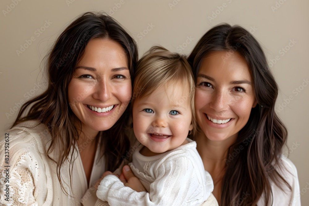 A nontraditional family photo with a child, happy family looking in the camera and smiling A nontraditional family photo with a child, happy family looking in the camera and smiling