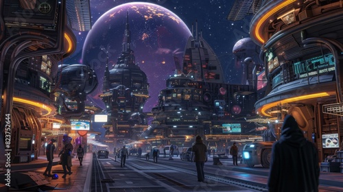 Fototapeta Naklejka Na Ścianę i Meble -  People walk along a futuristic city street at nighttime, with towering buildings and neon lights under an alien sky.