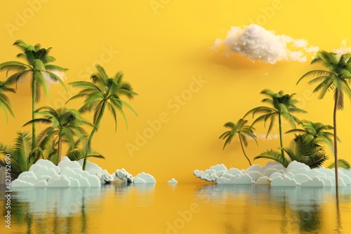 a yellow background with a group of palm trees