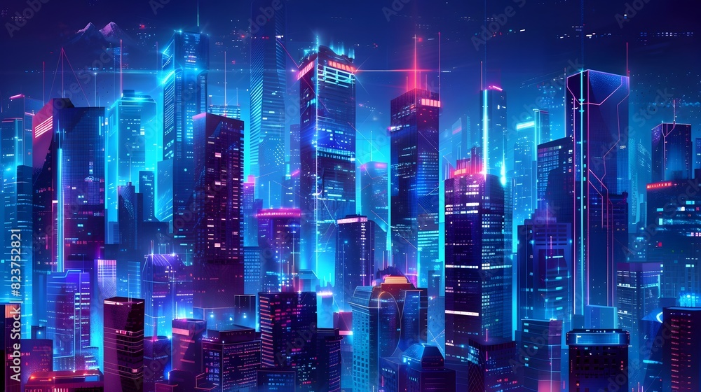Futuristic City Skyline at Night with Vibrant Neon Lights and Towering Skyscrapers