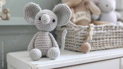 Handmade crochet mouse doll  on a white dresser in the baby s room generative ai