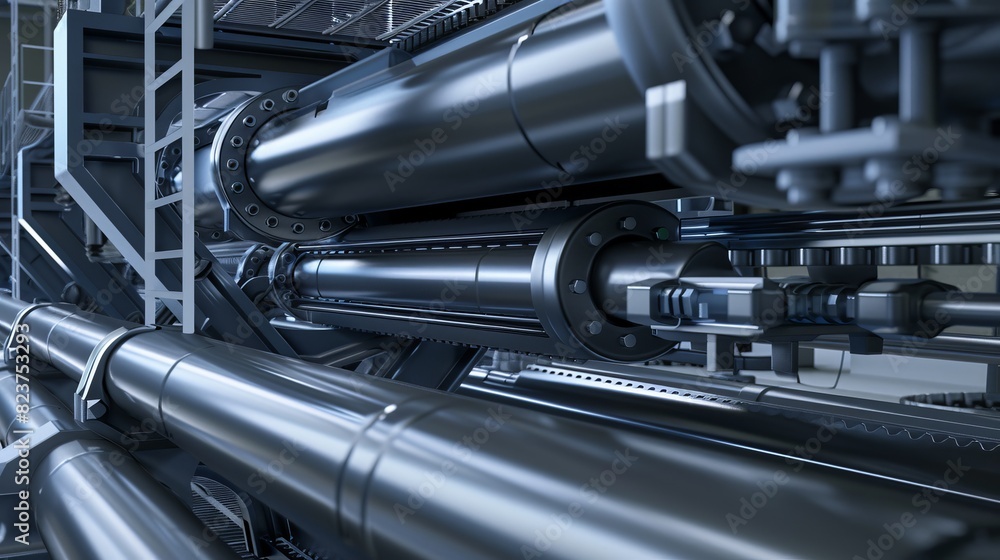 Advanced machinery processing carbon steel rectangular pipes, side view, showcasing precision engineering, scifi tone, splitcomplementary color scheme Advanced machinery processing carbon steel rectangular pipes, side view, showcasing precision engineering, scifi tone, splitcomplementary color scheme