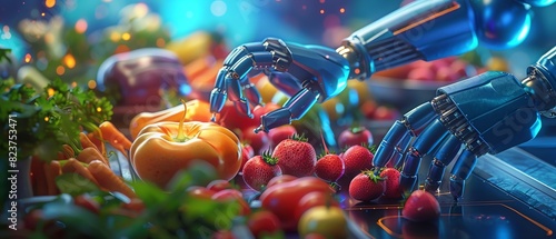 A futuristic robot with mechanical hands delicately picks fresh vegetables and fruits, showcasing advanced technology in agricultural harvesting. photo