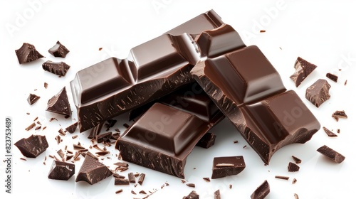 Collection of various chocolate pieces on white background.