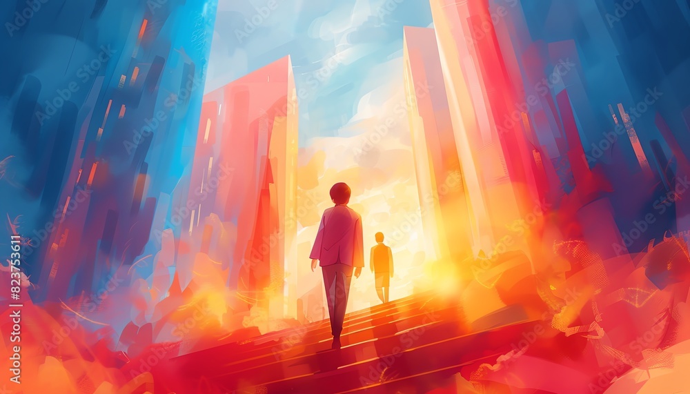 Abstract illustration of two people walking towards a bright light between tall buildings in a colorful and dreamy landscape. Abstract illustration of two people walking towards a bright light between tall buildings in a colorful and dreamy landscape.