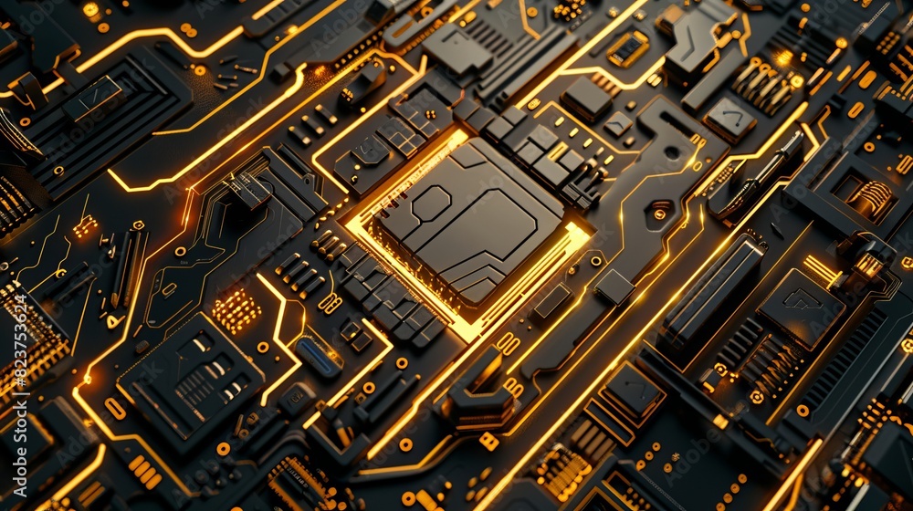 Slim lightning in high-tech gold processing. Top view. Highlights efficiency. Robotic tone. Monochromatic color scheme Slim lightning in high-tech gold processing. Top view. Highlights efficiency. Robotic tone. Monochromatic color scheme