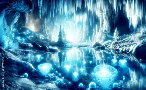Ice cave winter frozen nature background landscape. Illustration of an icy cave with icicles, ice and water. 3D Render.