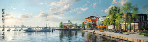 Riverfront Promenade: Focus on riverfront promenades, waterfront cafes, and boat docks, showcasing the city's riverside lifestyle and recreational opportunities photo