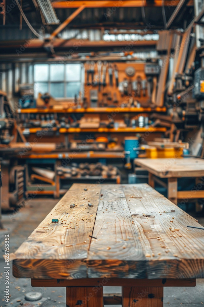 A wooden workbench in the foreground with a blurred background of an industrial workshop. The background includes various tools and equipment, metalworking machines, safety gear, and shelves. A wooden workbench in the foreground with a blurred background of an industrial workshop. The background includes various tools and equipment, metalworking machines, safety gear, and shelves.
