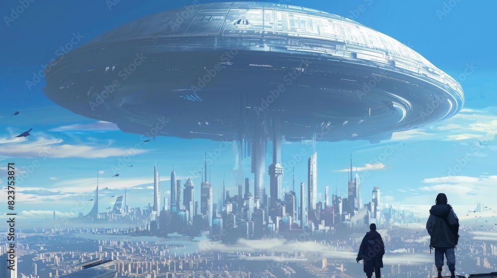 An enormous alien spaceship floats above a sprawling, futuristic ...