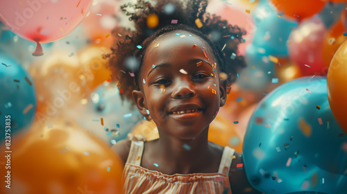 A joyful black girl celebrates amidst colorful balloons and party decorations, radiating happiness and excitement as she embraces the festive atmosphere.
