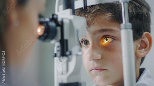 young boy getting eye checkup at official clinic, professional color grading enhances the visual appeal of stock photo