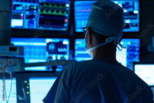 Surgeon in scrubs and mask looking at monitors in operating room