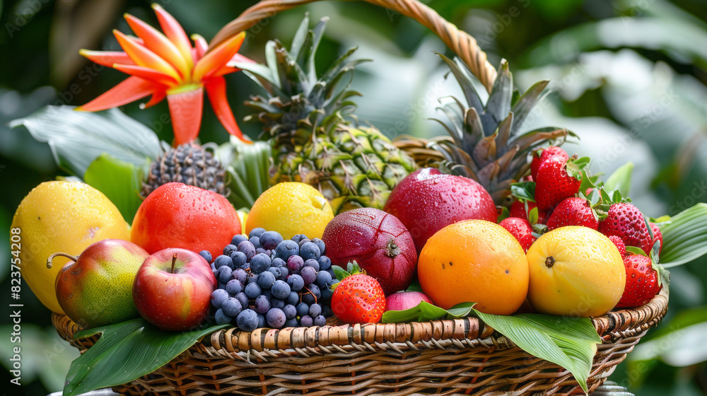 A basket filled with a diverse selection of fresh fruits, showcasing colors and textures