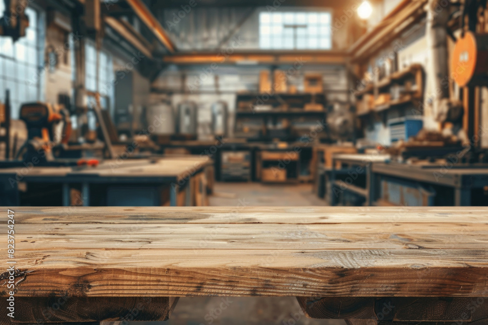 A wooden workbench in the foreground with a blurred background of an industrial workshop. The background includes various tools and equipment, metalworking machines, safety gear, and shelves. A wooden workbench in the foreground with a blurred background of an industrial workshop. The background includes various tools and equipment, metalworking machines, safety gear, and shelves.