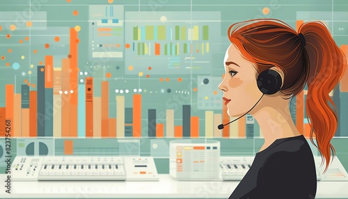Side profile of female customer support representative with headset against background of data charts and graphs in modern office setting.