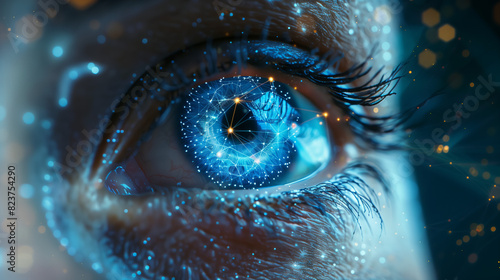 an eye is depicted with AI digital connections and data points, illustrating the integration of human vision in face ID technology for facial feature capture