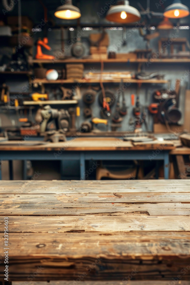 A wooden workbench in the foreground with a blurred background of an industrial workshop. The background includes various tools and equipment, metalworking machines, safety gear, and shelves. A wooden workbench in the foreground with a blurred background of an industrial workshop. The background includes various tools and equipment, metalworking machines, safety gear, and shelves.