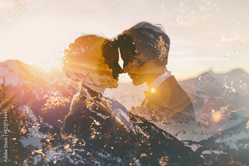 A double exposure of a bride and groom and a mountain sunset in the background wedding photo. photo