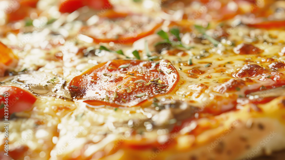 A detailed view of a delicious pizza covered with fresh tomatoes and melted cheese A detailed view of a delicious pizza covered with fresh tomatoes and melted cheese
