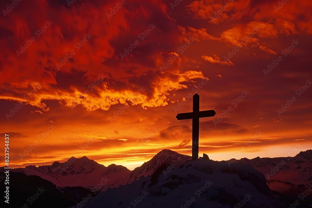 Christian cross silhouetted against breathtaking sunset sky on mountain summit