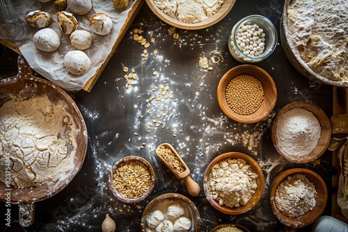 Baker s Workspace with Various Grains and Dough Preparations for Artisan Baking Projects