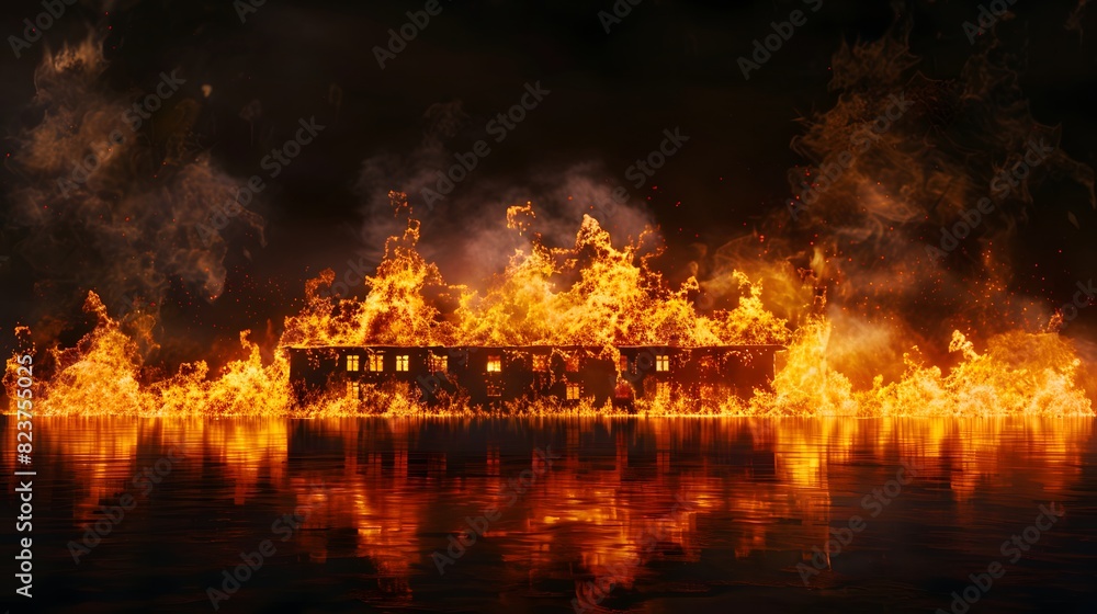 A building is on fire and the water is reflecting the flames. The scene is intense and dramatic A building is on fire and the water is reflecting the flames. The scene is intense and dramatic