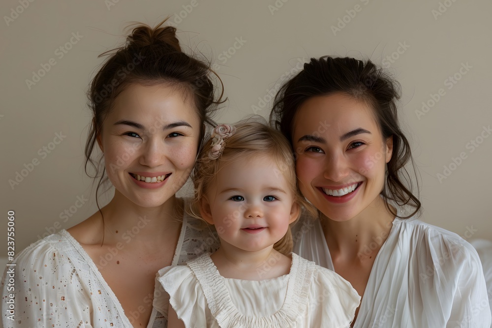A nontraditional family photo with a child, happy family looking in the camera and smiling A nontraditional family photo with a child, happy family looking in the camera and smiling