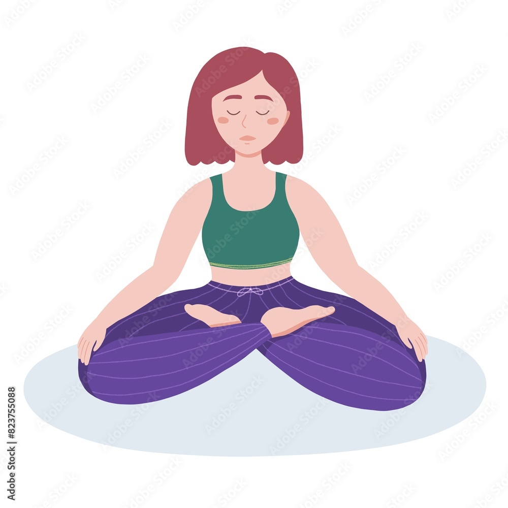 Young woman in yoga lotus practices breathing meditation. Isolated illustration in flat style on white background. Young woman in yoga lotus practices breathing meditation. Isolated illustration in flat style on white background.
